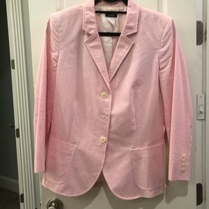 J CREW PINK AND WHITE STRIPED SEERSUCKER BLAZER